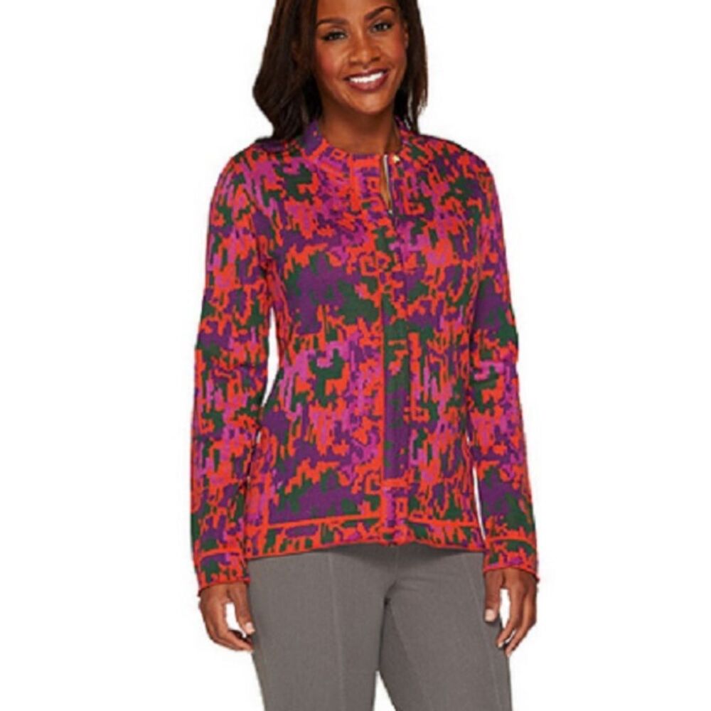 Isaac Mizrahi Pixel-Print Zip Cardigan - Pink, Purple, Green Zipper Colorful